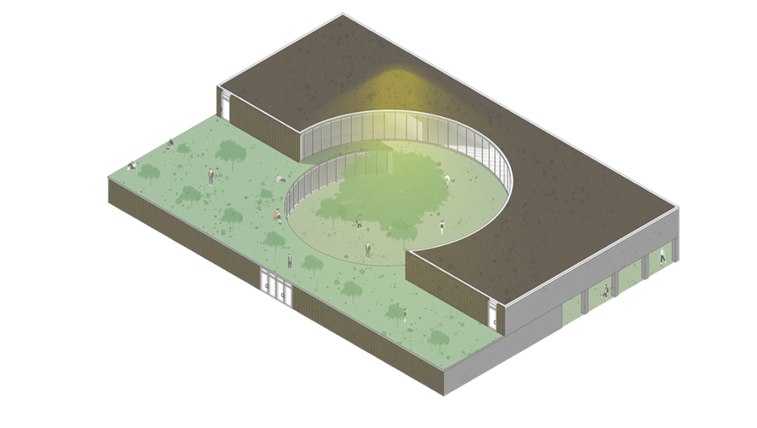 The building mass wraps around a circular void, translating Sunyata into architectural form.