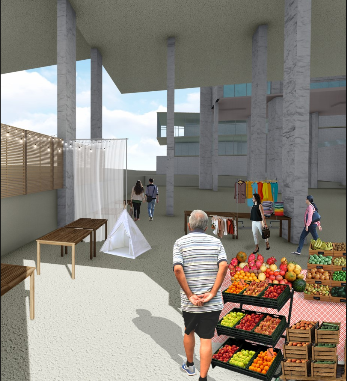 Shaded public market space beneath the residential structure, blending everyday commerce with community interaction.