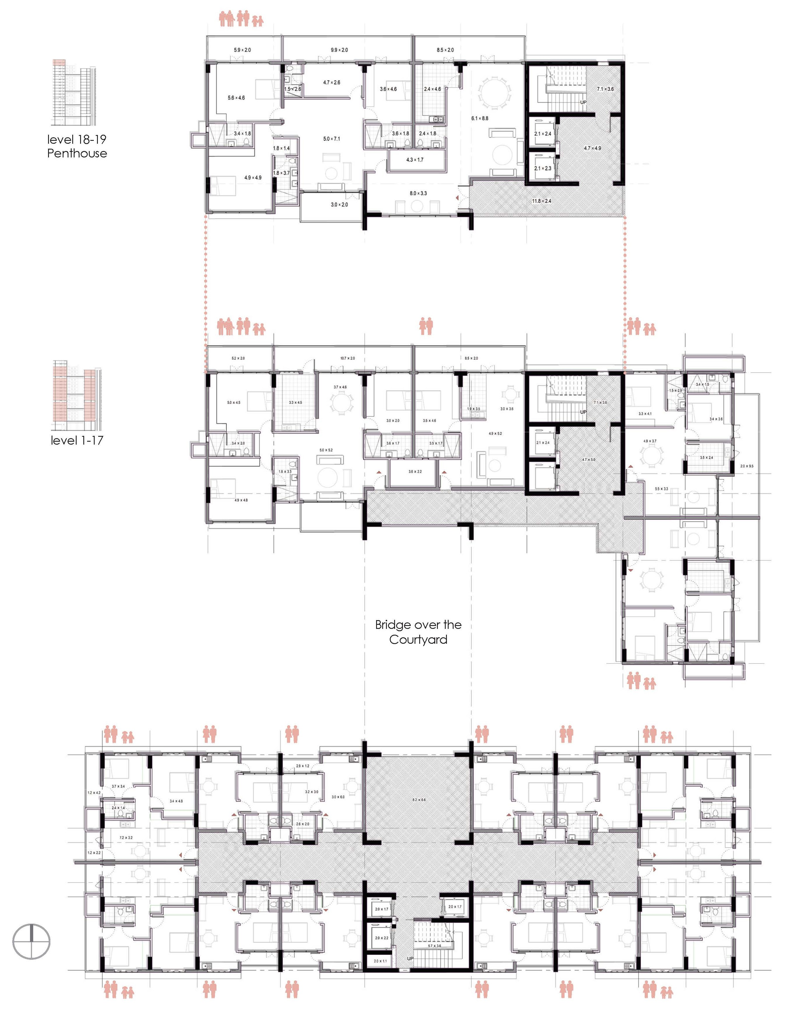 Residential floor plans showing unit layouts, courtyard bridges, circulation cores, and penthouse-level organization.