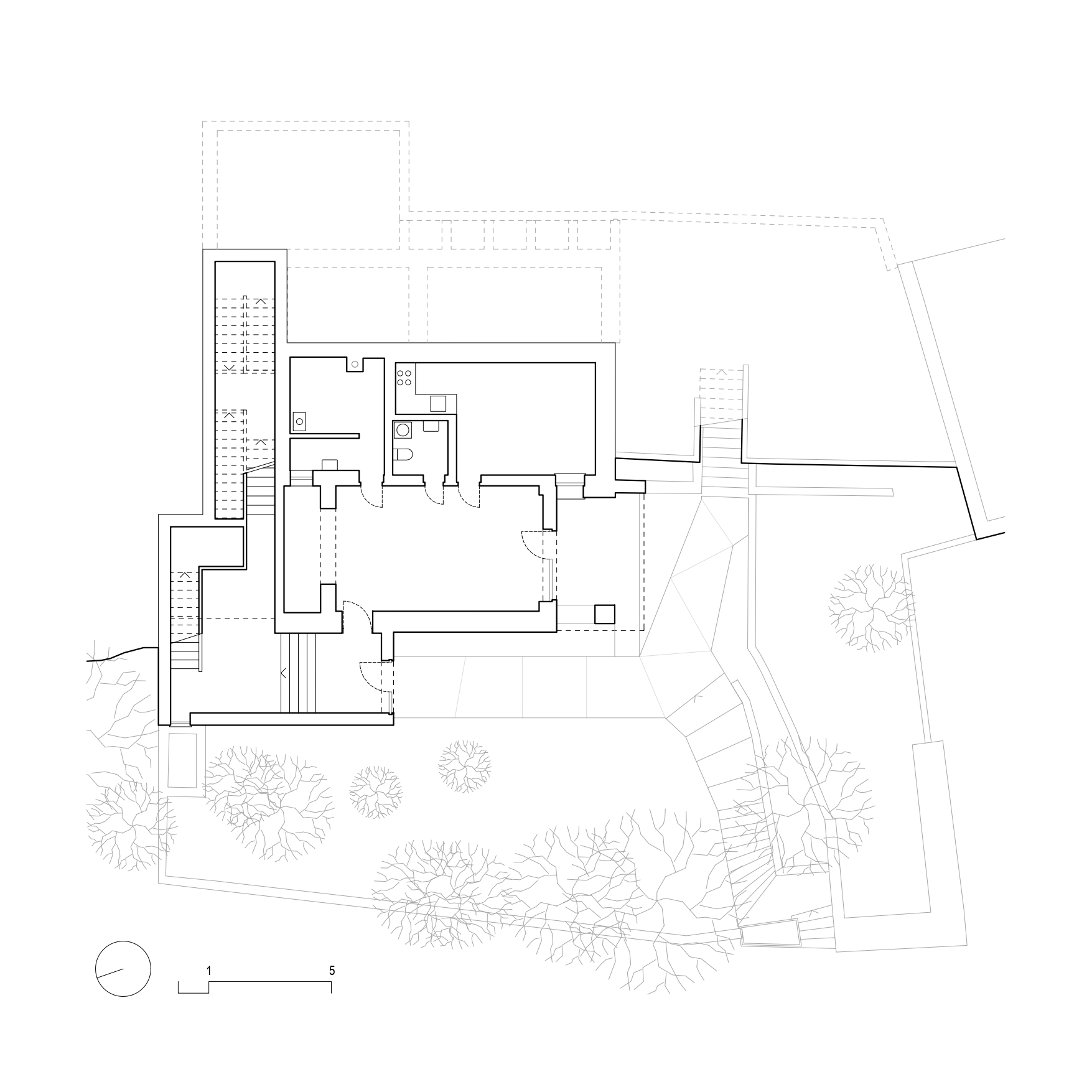 Ground floor plan drawing showing terraces stairs and interior rooms with surrounding landscape planting