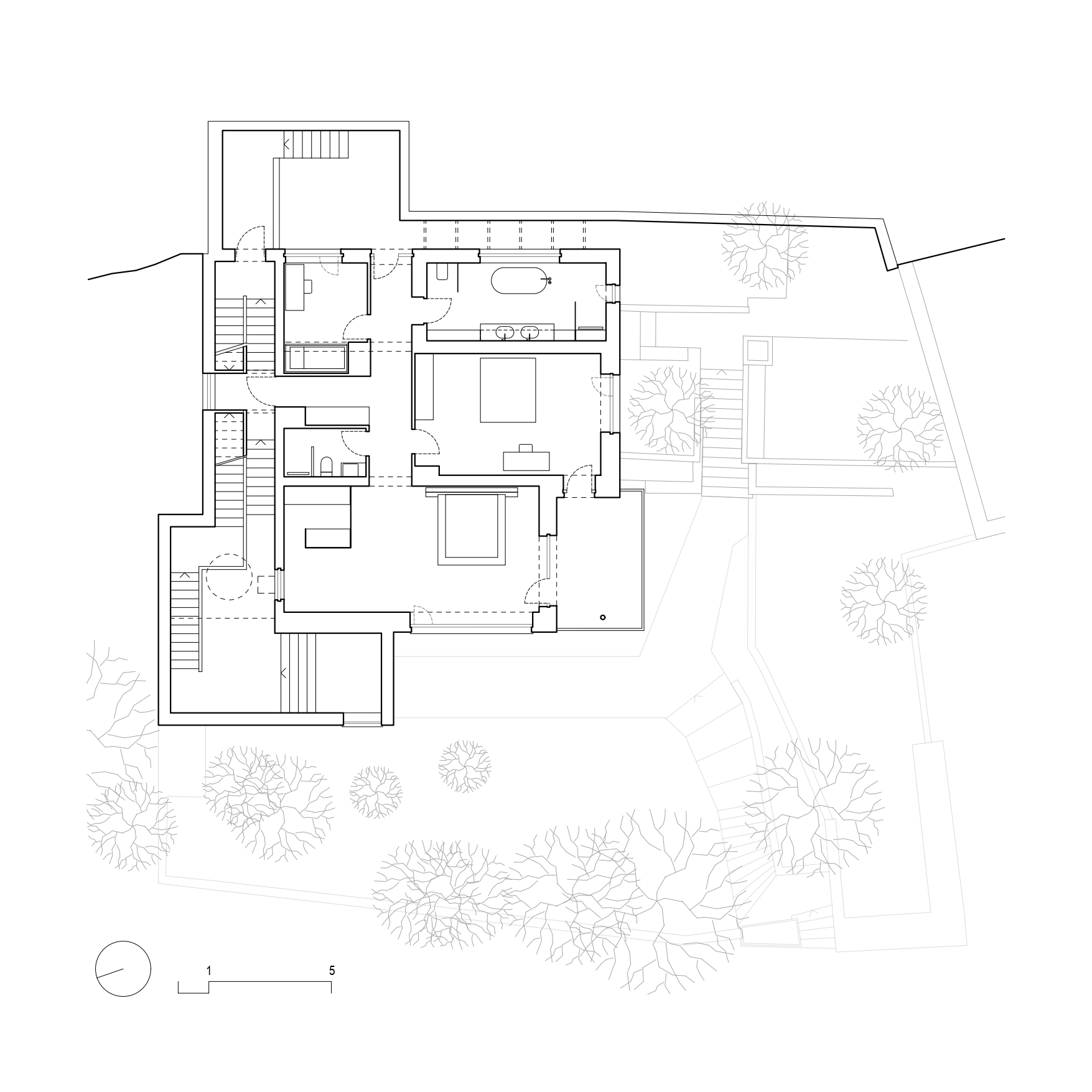 Upper floor plan drawing illustrating living spaces bathroom and exterior terraces with trees below