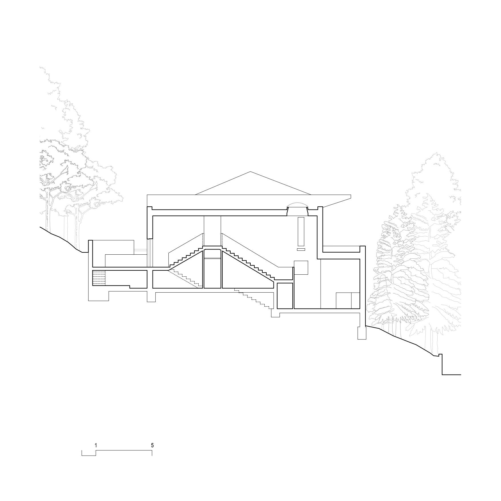 Section drawing revealing interior staircases connecting three levels beneath a pyramidal roof with flanking trees