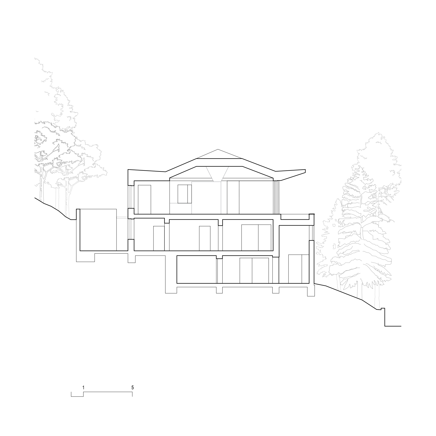 Section drawing through a three-level residence with gabled roof on descending slope with adjacent trees
