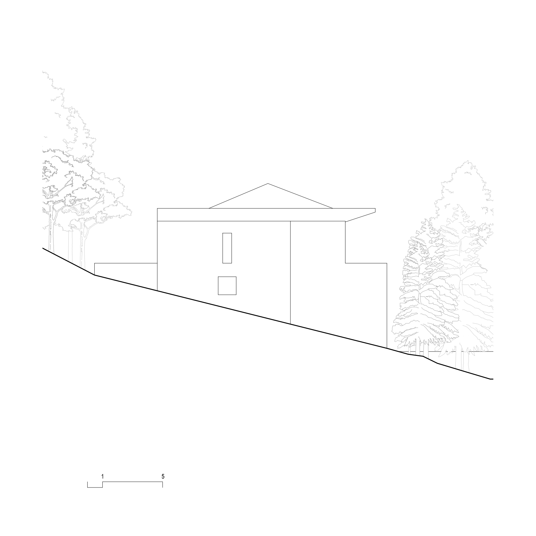 Elevation drawing of downslope facade showing minimal window openings and triangular roof with adjacent evergreen