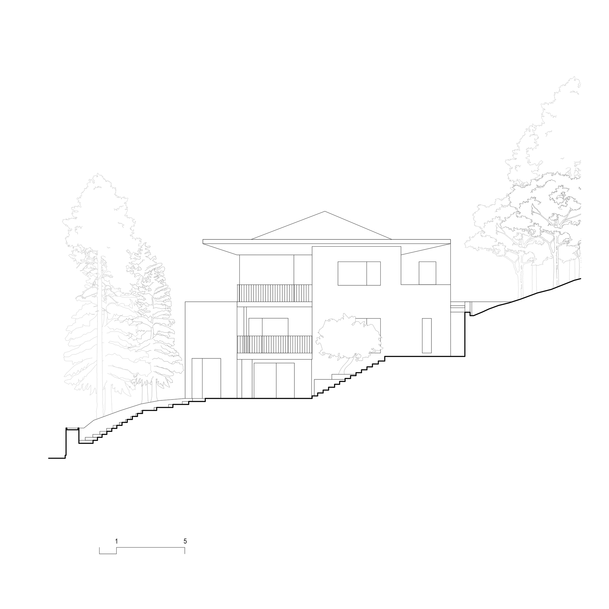 Section drawing showing a three-level residence with wide overhanging roof stepping down a sloped site with trees