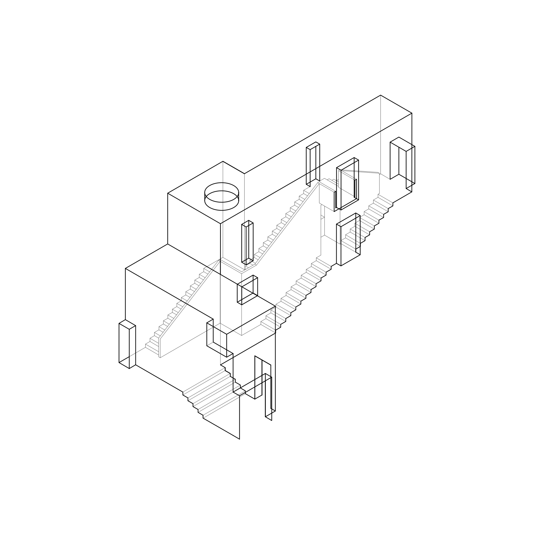 Axonometric drawing revealing multi-level interior spaces connected by staircases with a circular skylight above