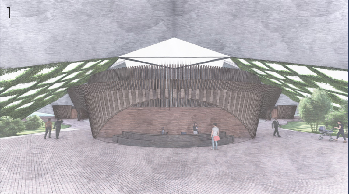 Front elevation expressing the soaring bird concept through dramatic wing-like roof forms and landscaped edges