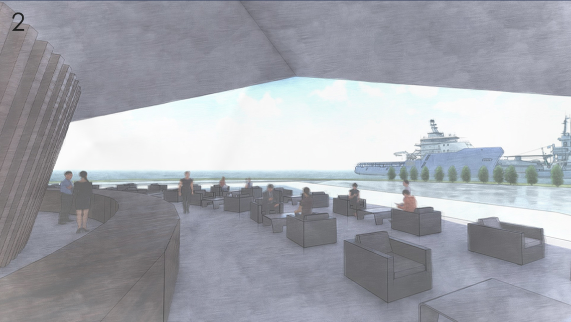 Restaurant interior opening toward panoramic views of the Baltic Sea and Tallinn’s active waterfront