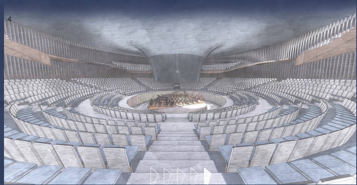 Circular opera auditorium with a central stage surrounded by tiered seating for an immersive performance experience