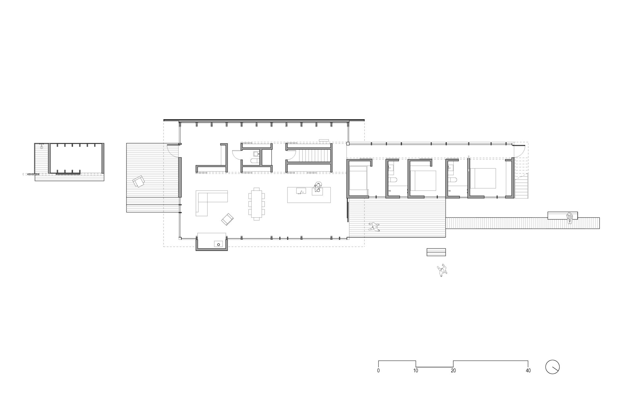 Floor plan drawing showing a linear arrangement of living spaces and bedrooms with deck extensions
