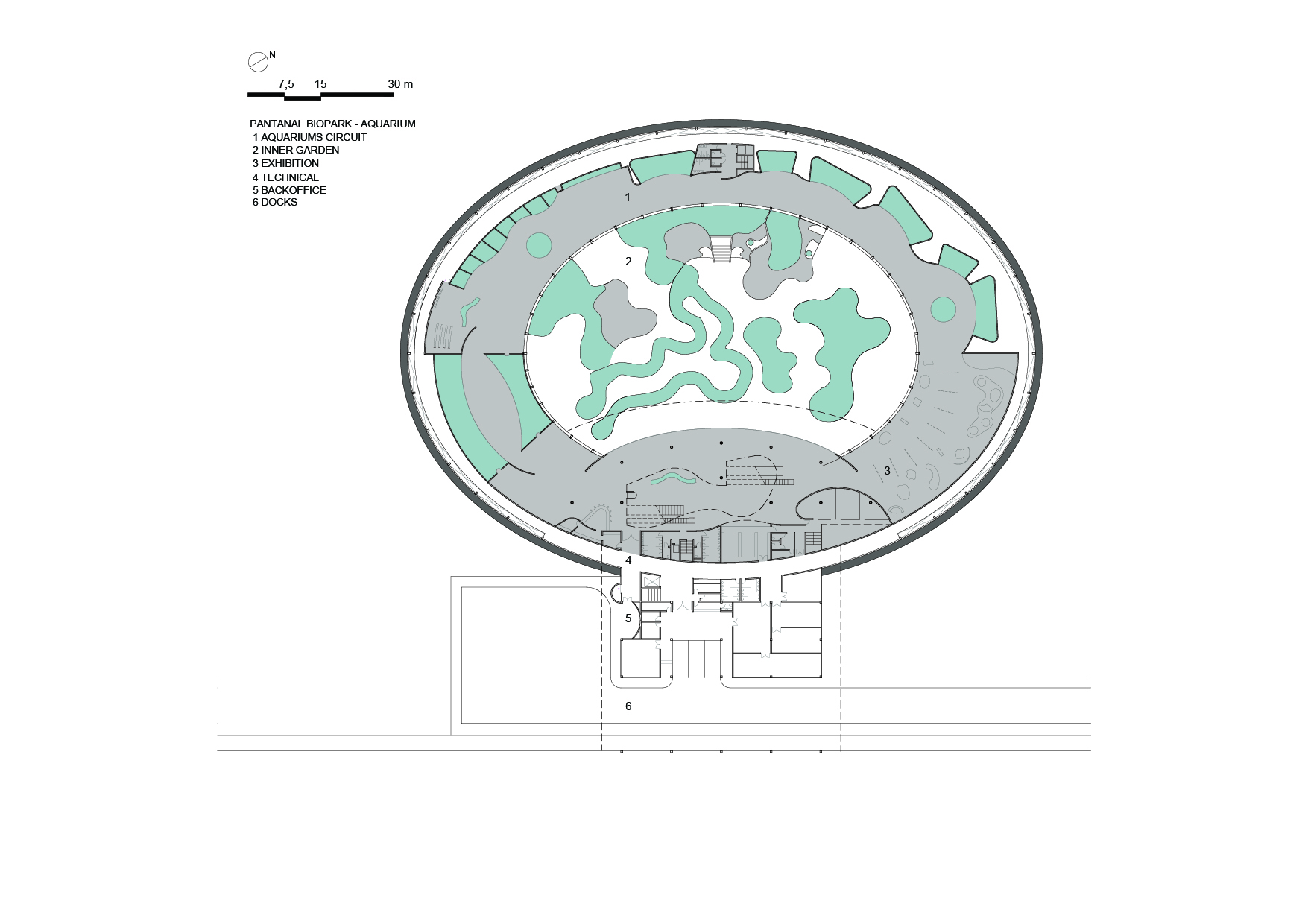 Floor plan drawing depicting an oval aquarium with curved water channels and visitor circulation paths in gray