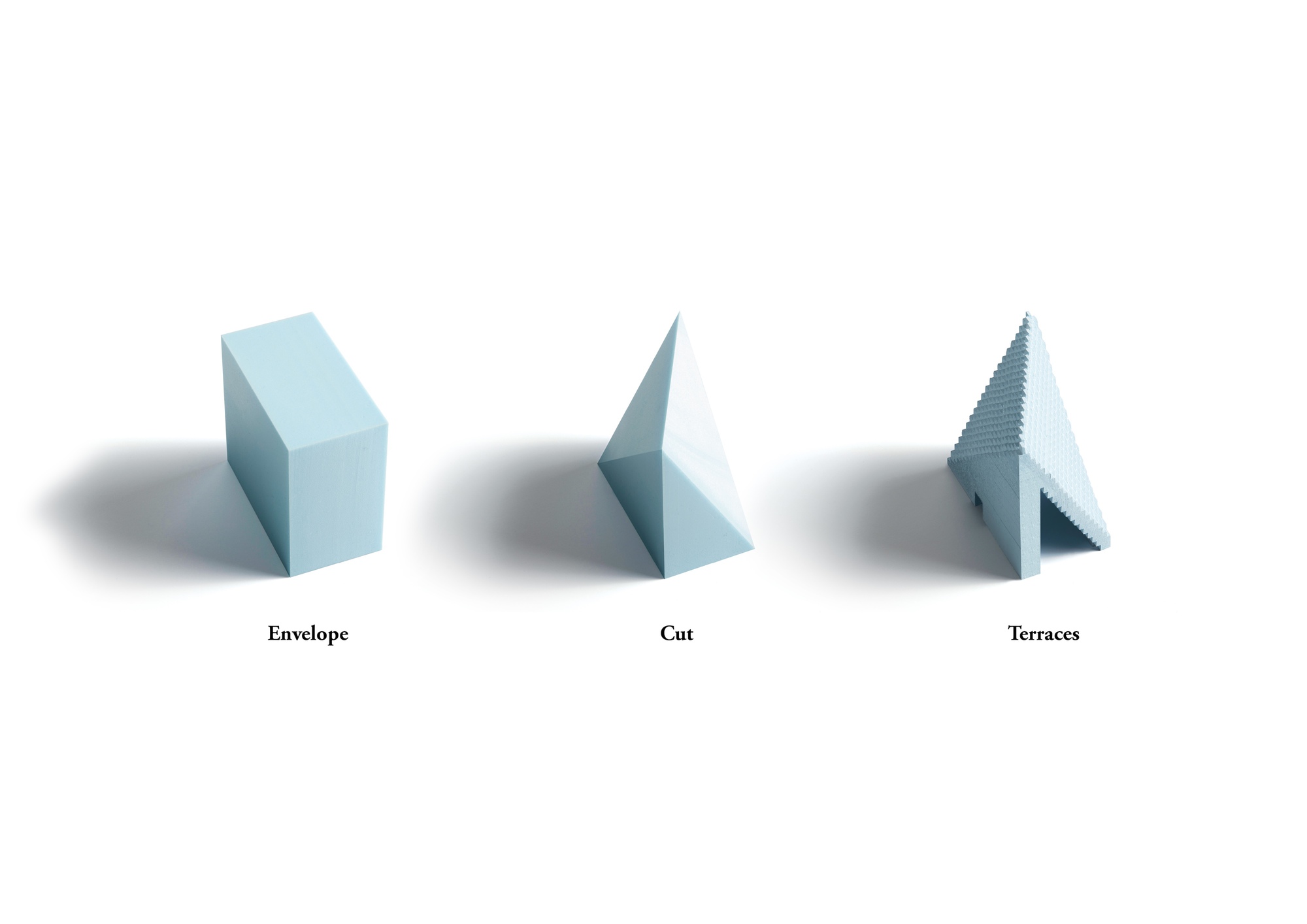 Diagram showing three volumetric studies labeled envelope, cut, and terraces on a white background