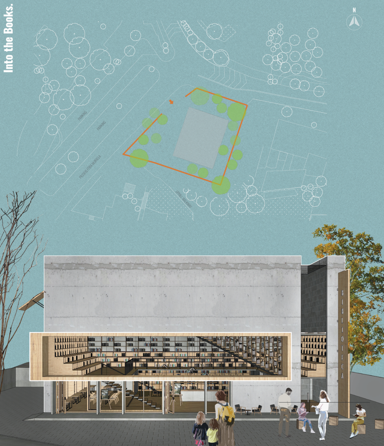 A modern library façade reveals layered book-filled interiors, welcoming public spaces and a strong connection between architecture, learning and community.