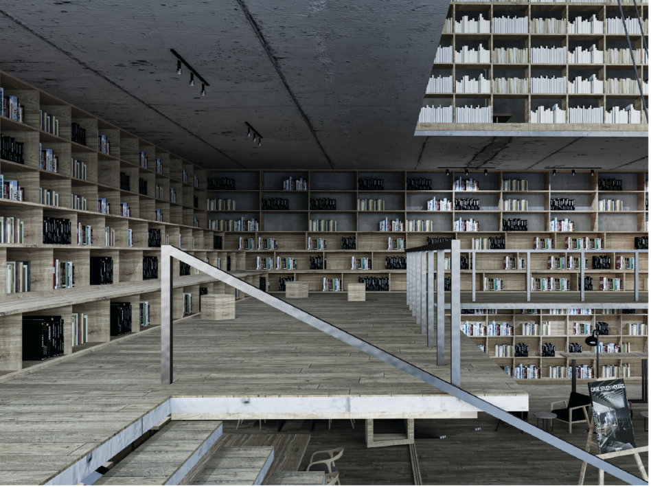 The library’s concrete exterior reveals a warm, book-filled interior and an accessible public ground floor.