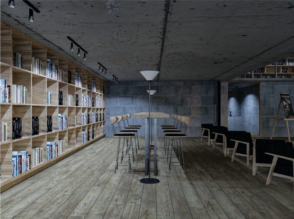 A quiet study zone pairs timber bookshelves with restrained concrete surfaces and focused lighting.