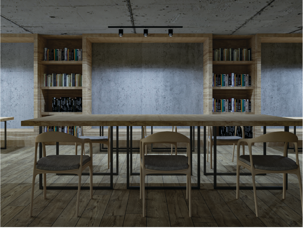 Communal reading tables and integrated shelving support collaborative learning within a warm material palette.