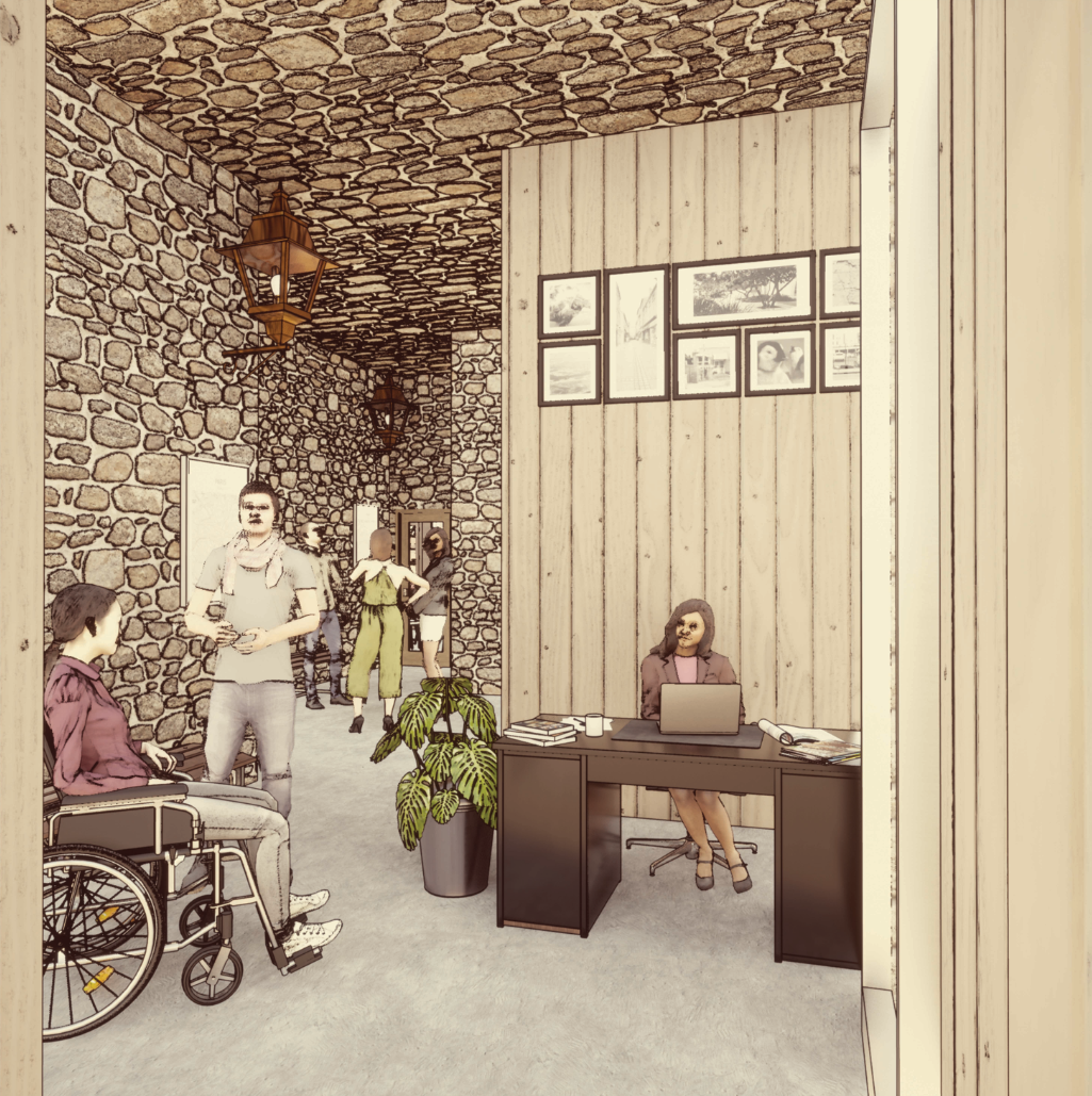 Accessible checkout area framed by Girona’s historic stone interiors.