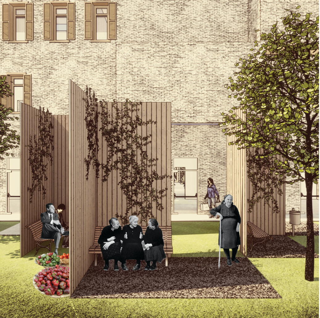 Timber garden pods create shaded spaces for neighbourhood gatherings.
