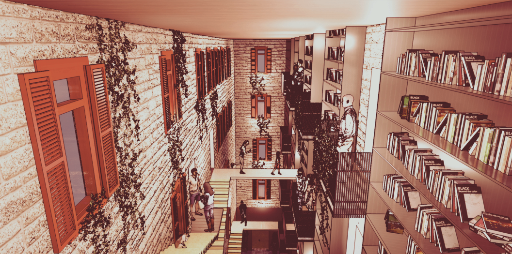 Bookshelves and elevated walkways animate the library’s vertical circulation.