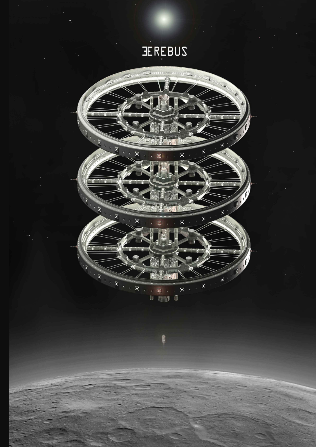 Erebus orbital station hovers above Ceres as a three-ring habitat for future asteroid-belt settlement.