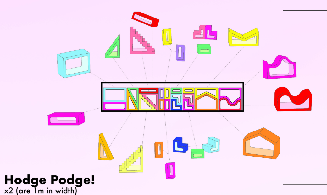 Hodge Podge combines diverse modular forms into a compact kit that can be rearranged for different spatial and play conditions.