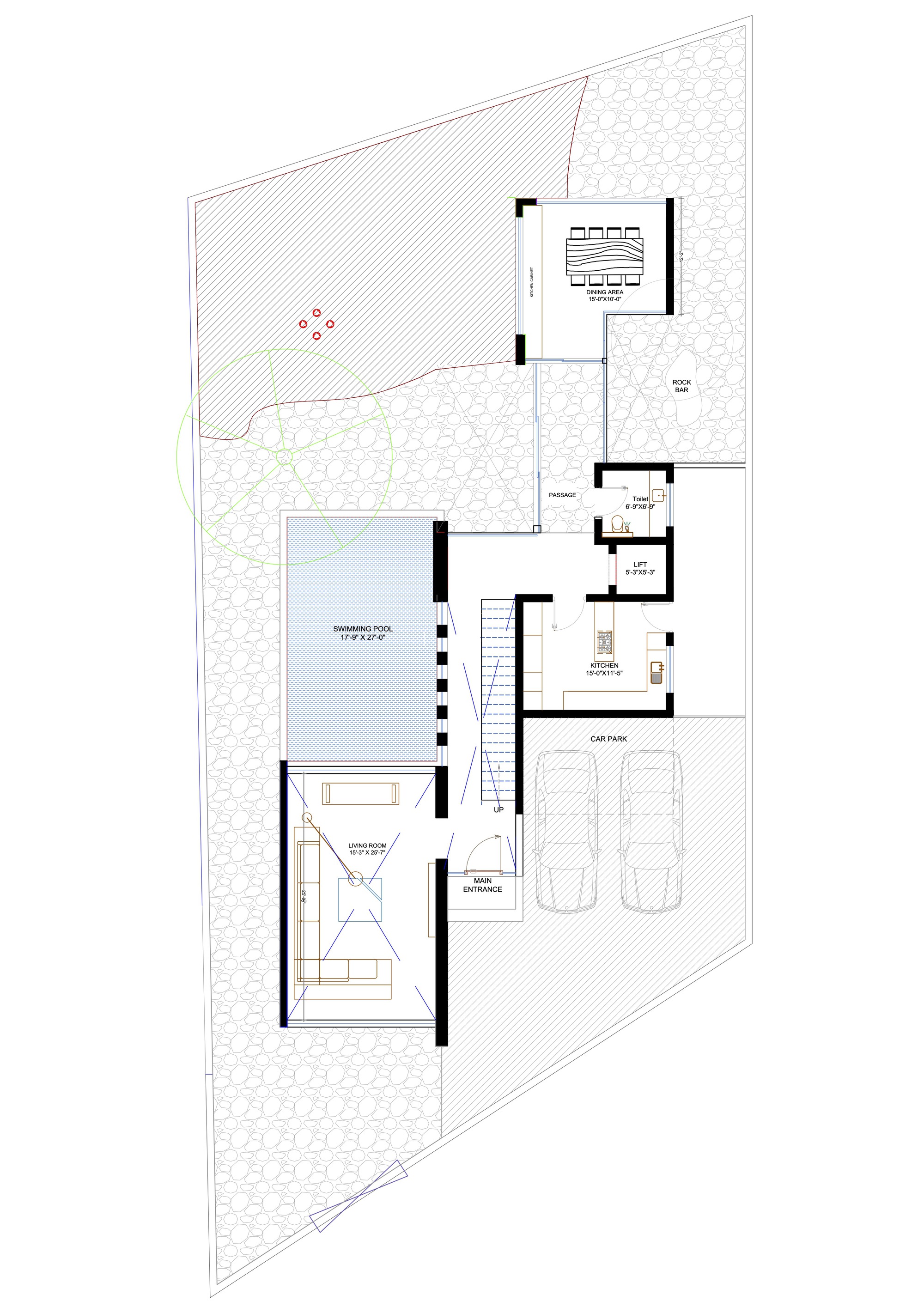 Floor plan drawing showing swimming pool, courtyard, carport and interior rooms on an angular lot