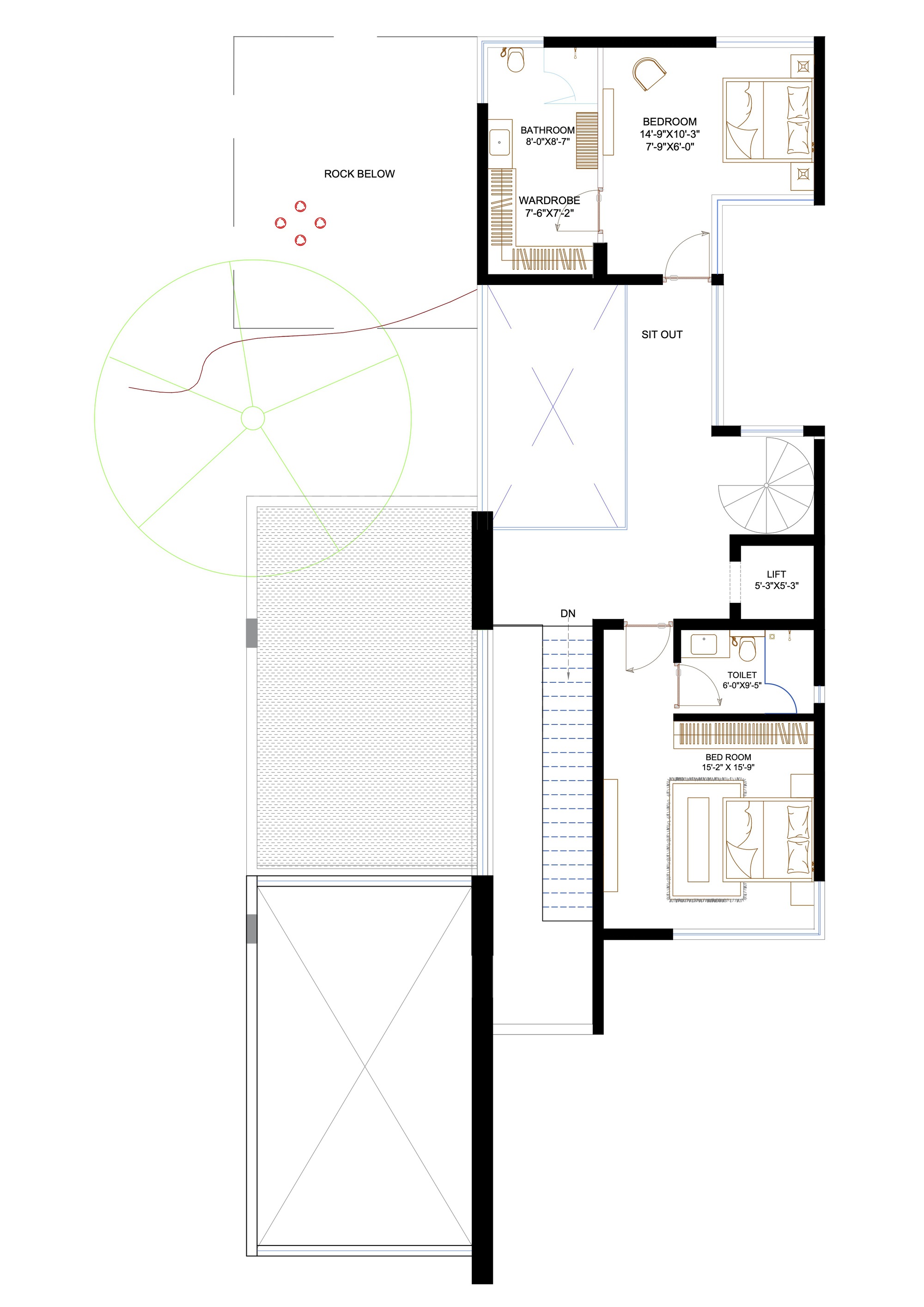 Upper level floor plan drawing with curved balcony, central stairwell and bedroom spaces