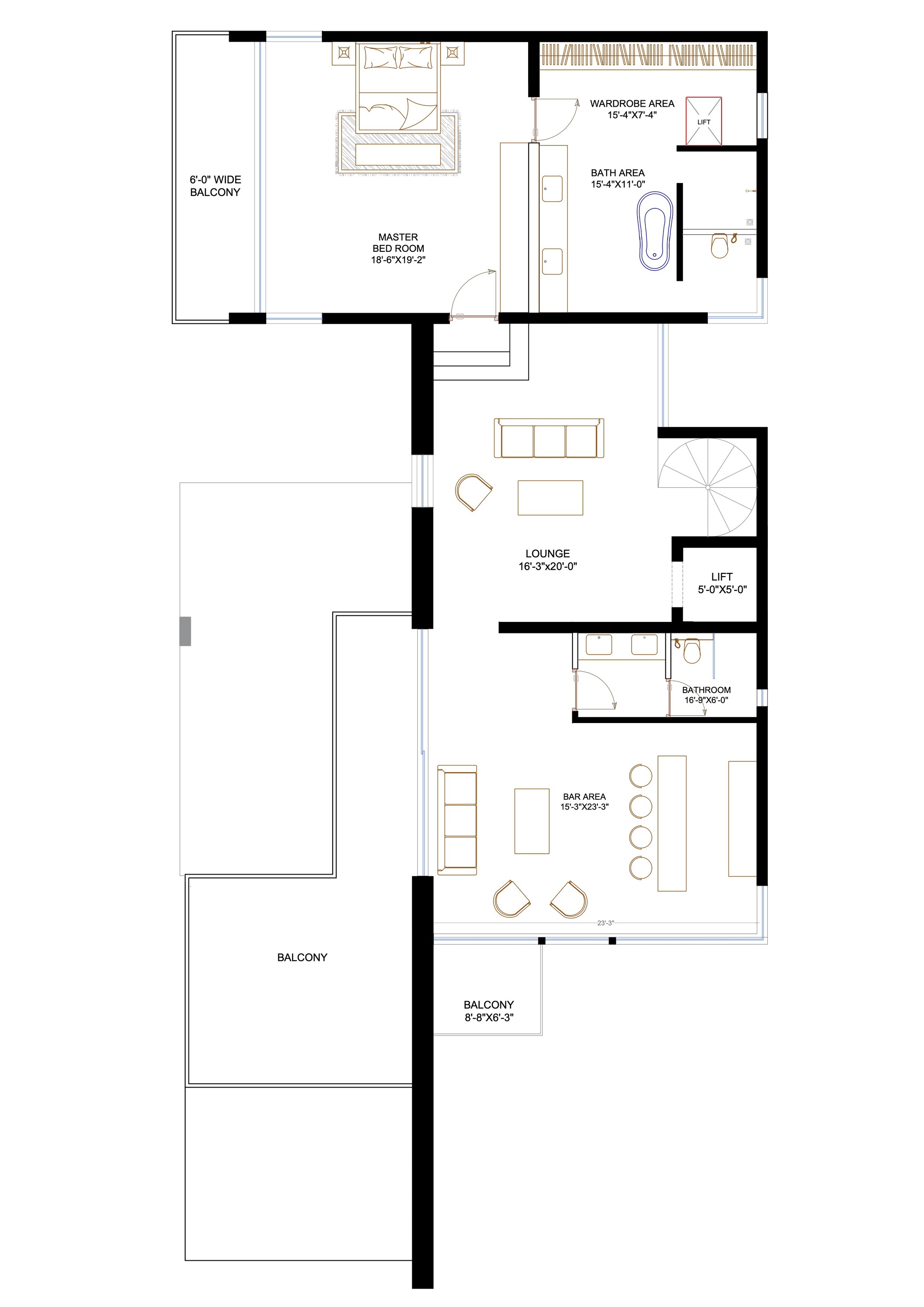 Floor plan drawing depicting master bedroom with balcony, lounge area and multiple outdoor terraces