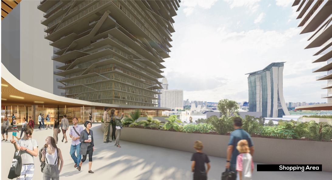 Elevated shopping terrace overlooking the city and surrounding waterfront.