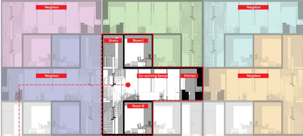 Sectional study showing private rooms arranged around a shared coworking core.