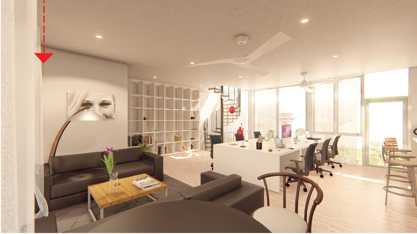 Bright communal interior combining living, working, and social spaces.