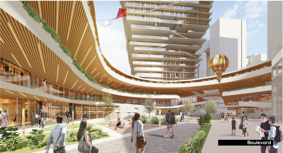 Landscaped boulevard connects retail, public spaces, and the residential towers.