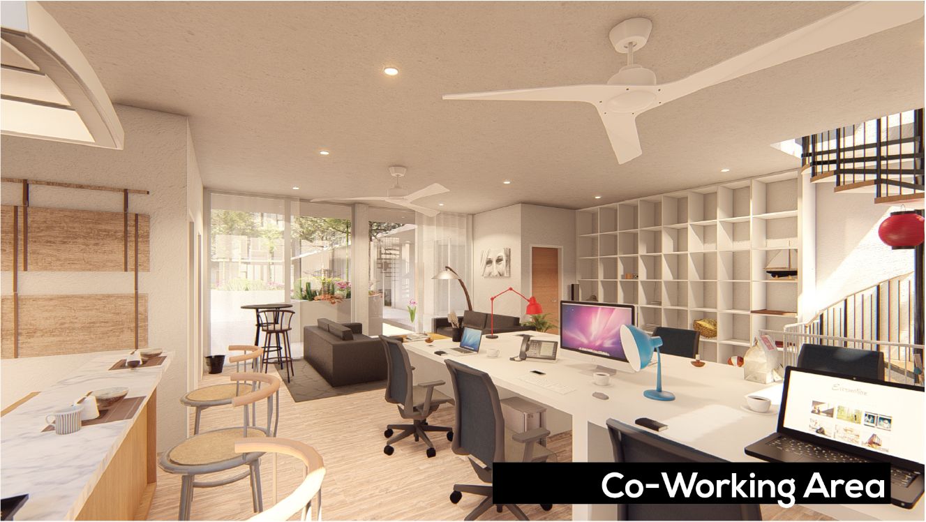 Integrated coworking area designed for collaboration, comfort, and flexible routines.