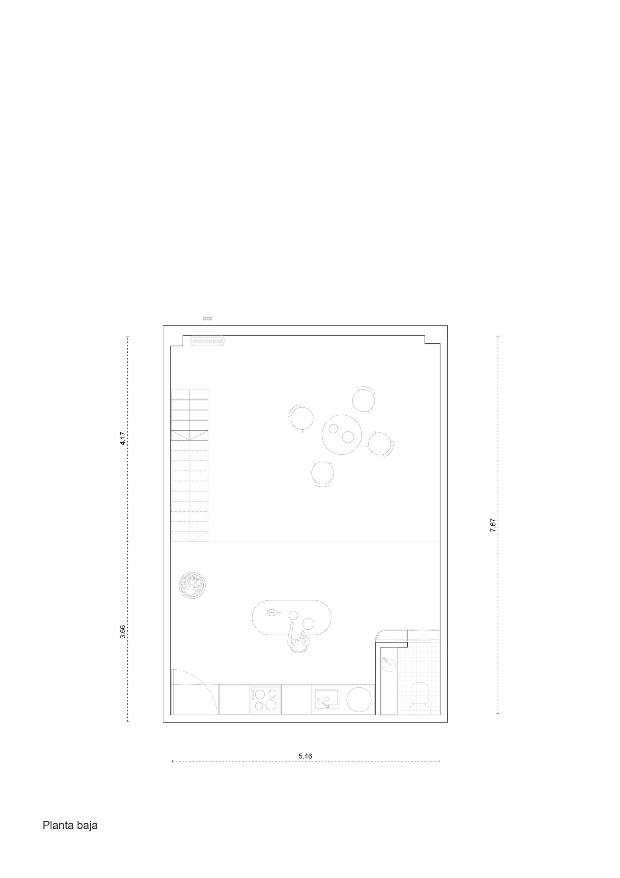 Ground floor plan drawing showing staircase, circular furniture layout and built-in kitchen elements