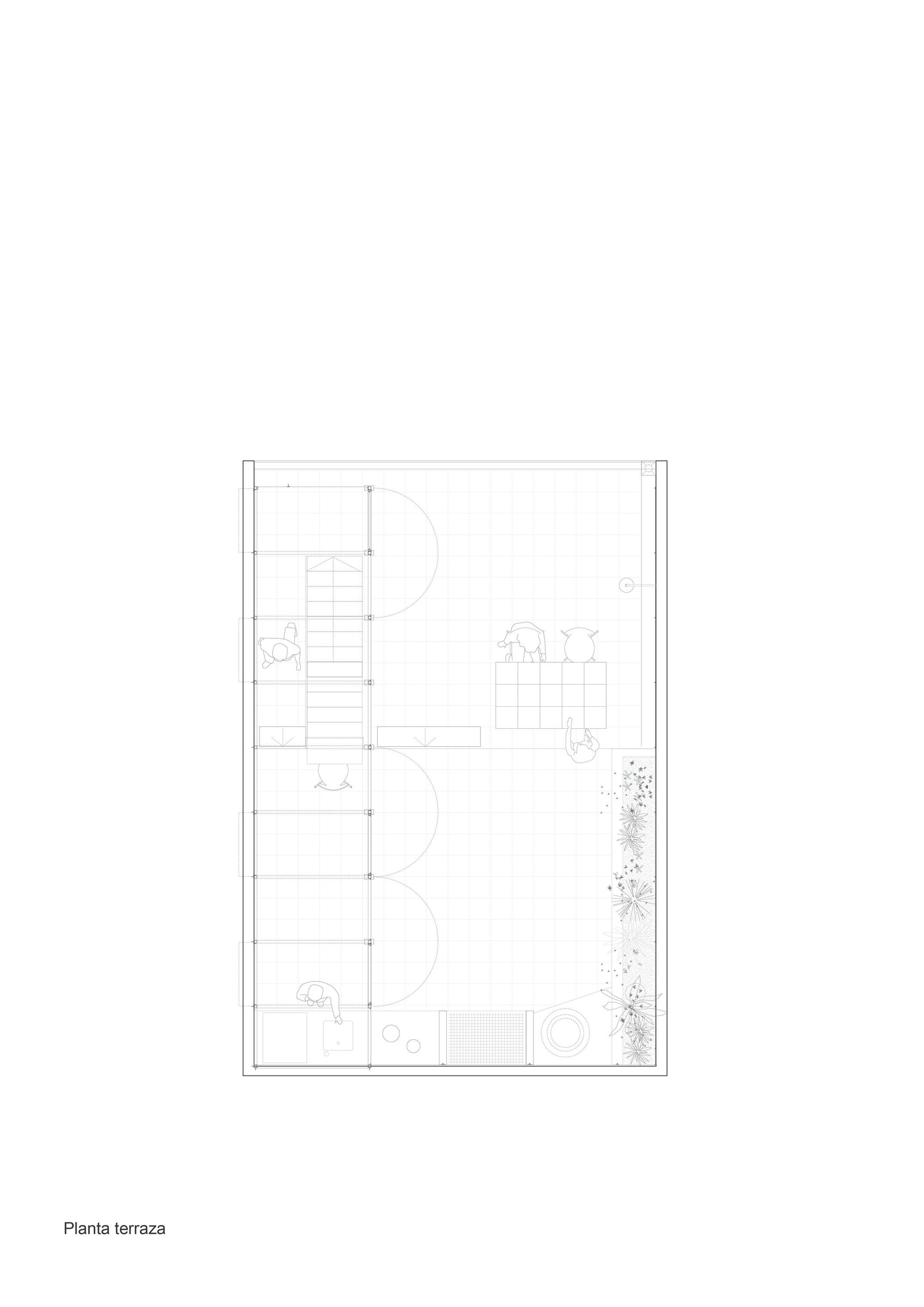 Terrace floor plan drawing showing staircase, planted areas, and curved balconies along one side