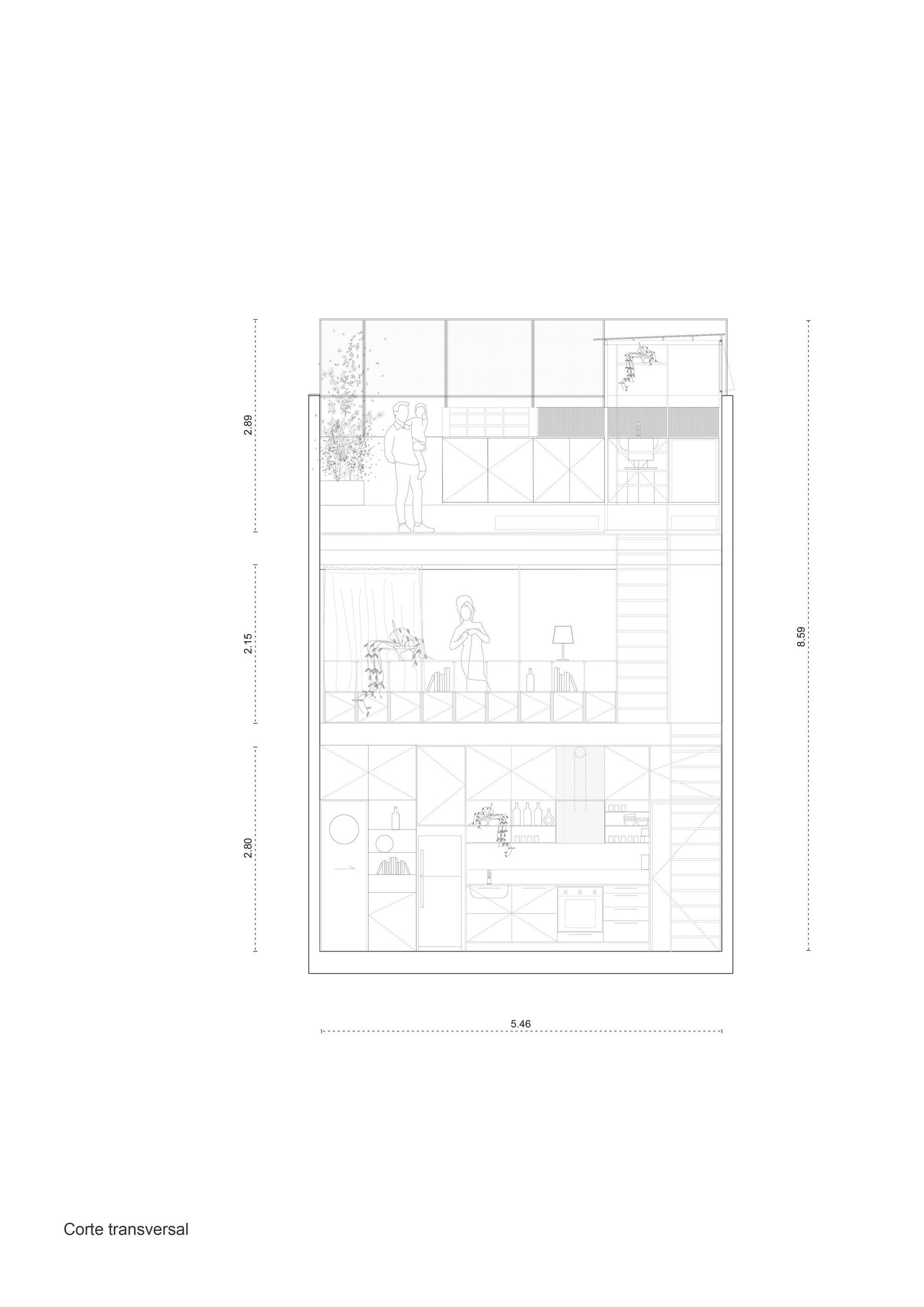 Transverse section drawing depicting three stacked levels with figures, furniture, and plants