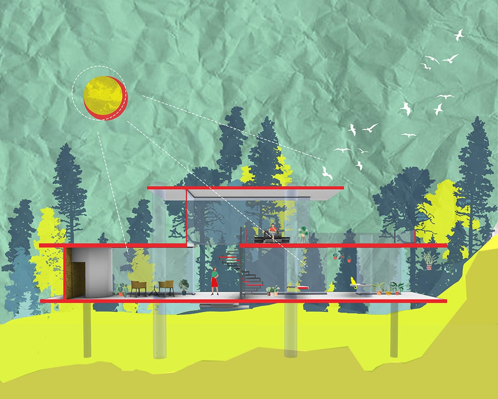 Sectional view reveals a transparent sculptor’s atelier immersed within the surrounding forest landscape.