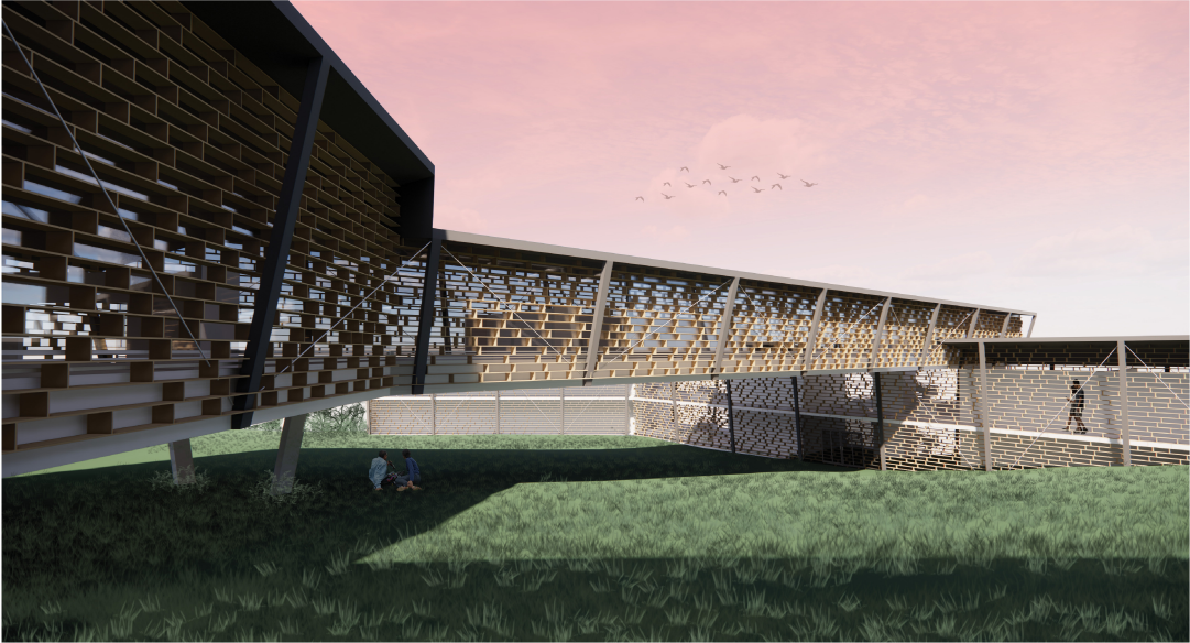 Interconnected wings create a sheltered courtyard for gathering, exchange, and outdoor activity.