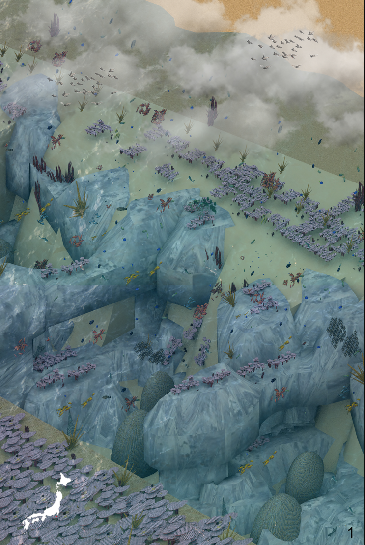 Aerial rendering of clustered blue translucent volumes amid landscaped slopes with purple flowering plants and mist