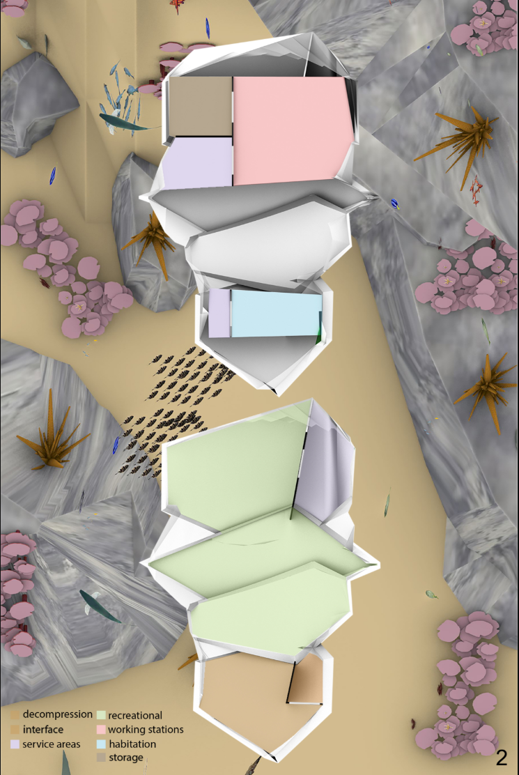 Axonometric drawing showing three linked modules with pastel-colored roof planes surrounded by rocky terrain and vegetation
