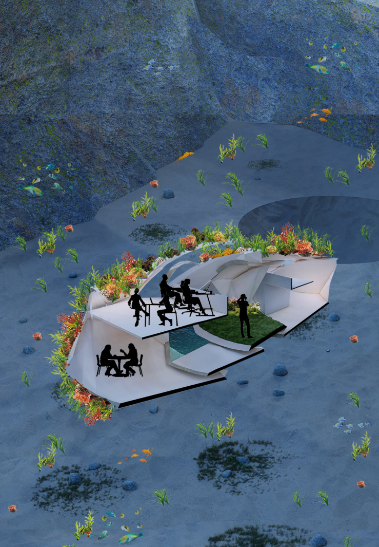 Aerial view of white lobed structure with planted roof edges and silhouetted figures on a volcanic landscape