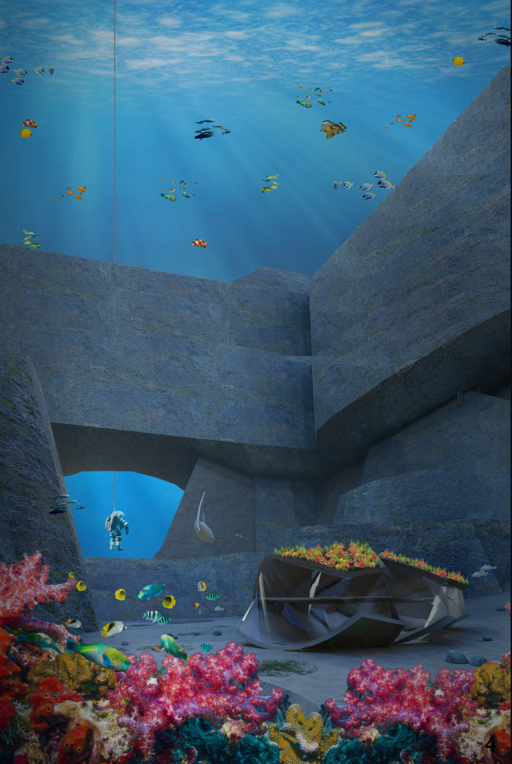 Underwater interior with textured concrete walls, arched opening, and coral reef with tropical fish swimming above