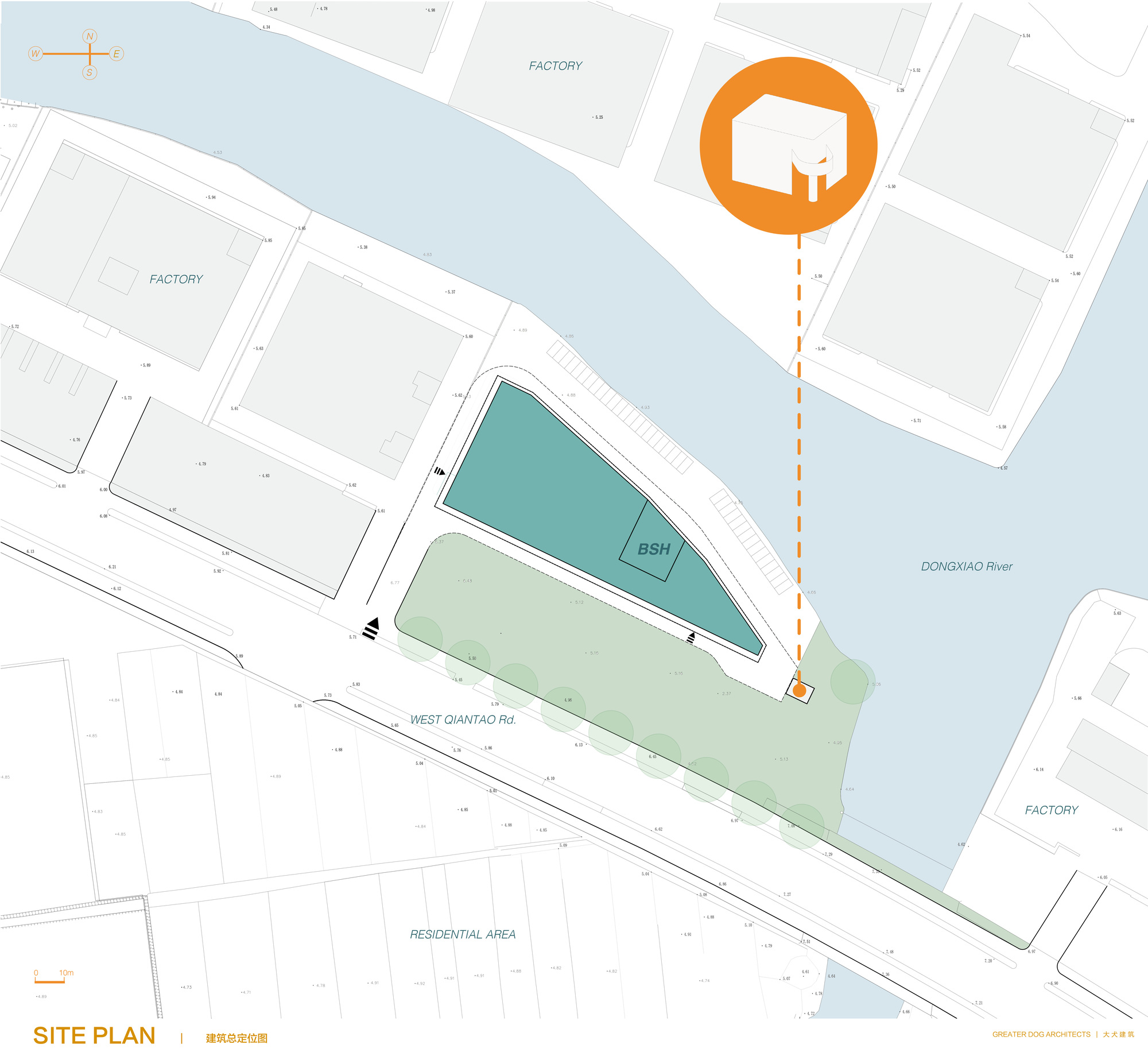 Site plan drawing showing triangular building footprint between river and factory context