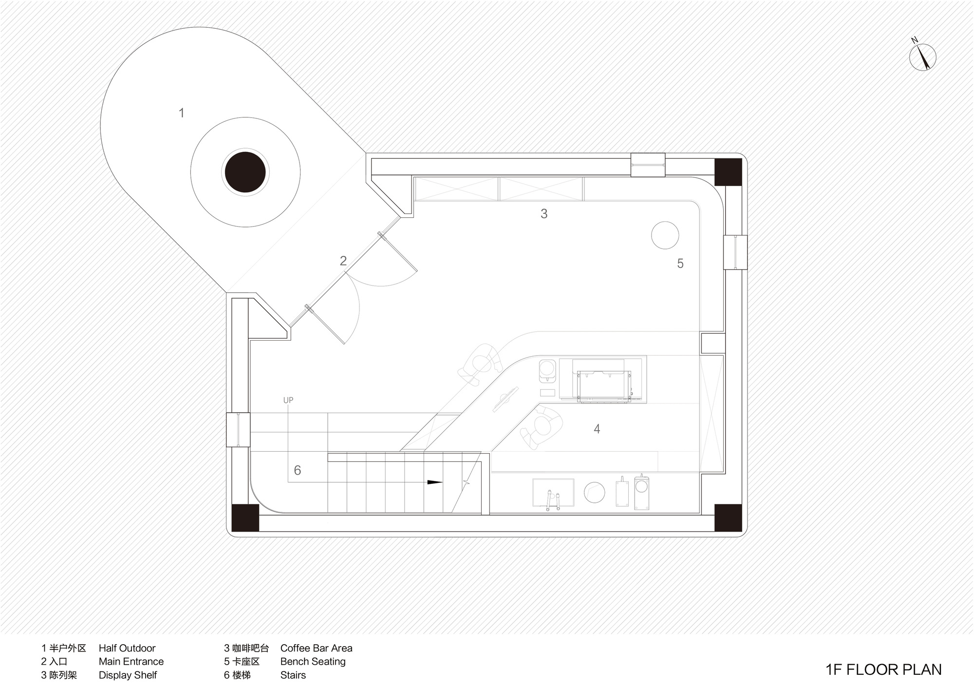 First floor plan drawing showing entrance sequence and coffee bar with curved outdoor space