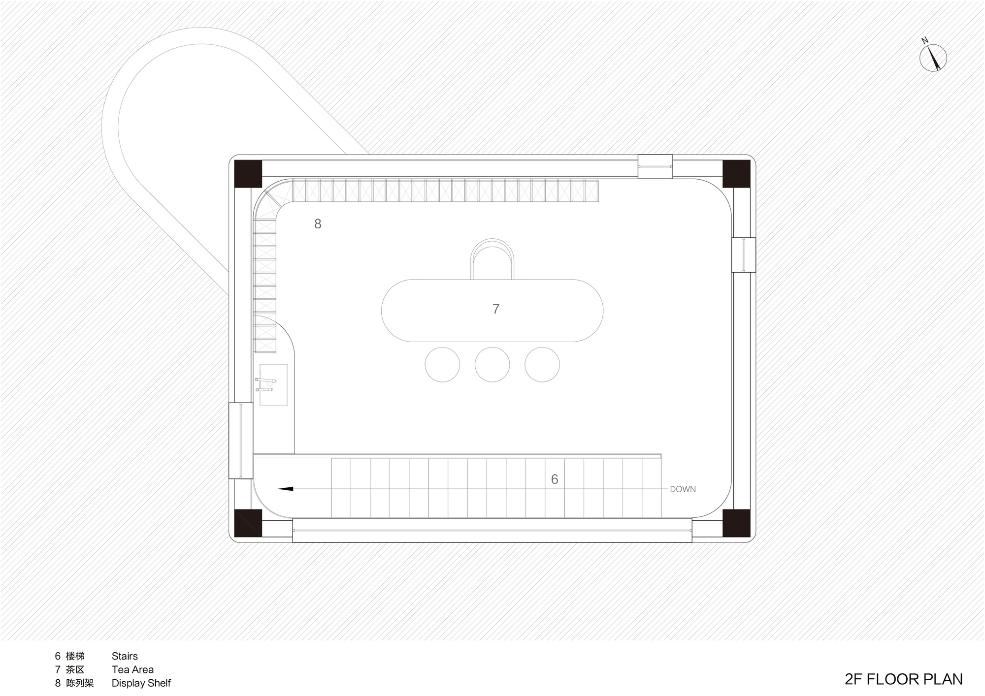 Second floor plan drawing showing tea area and display shelf with stair circulation