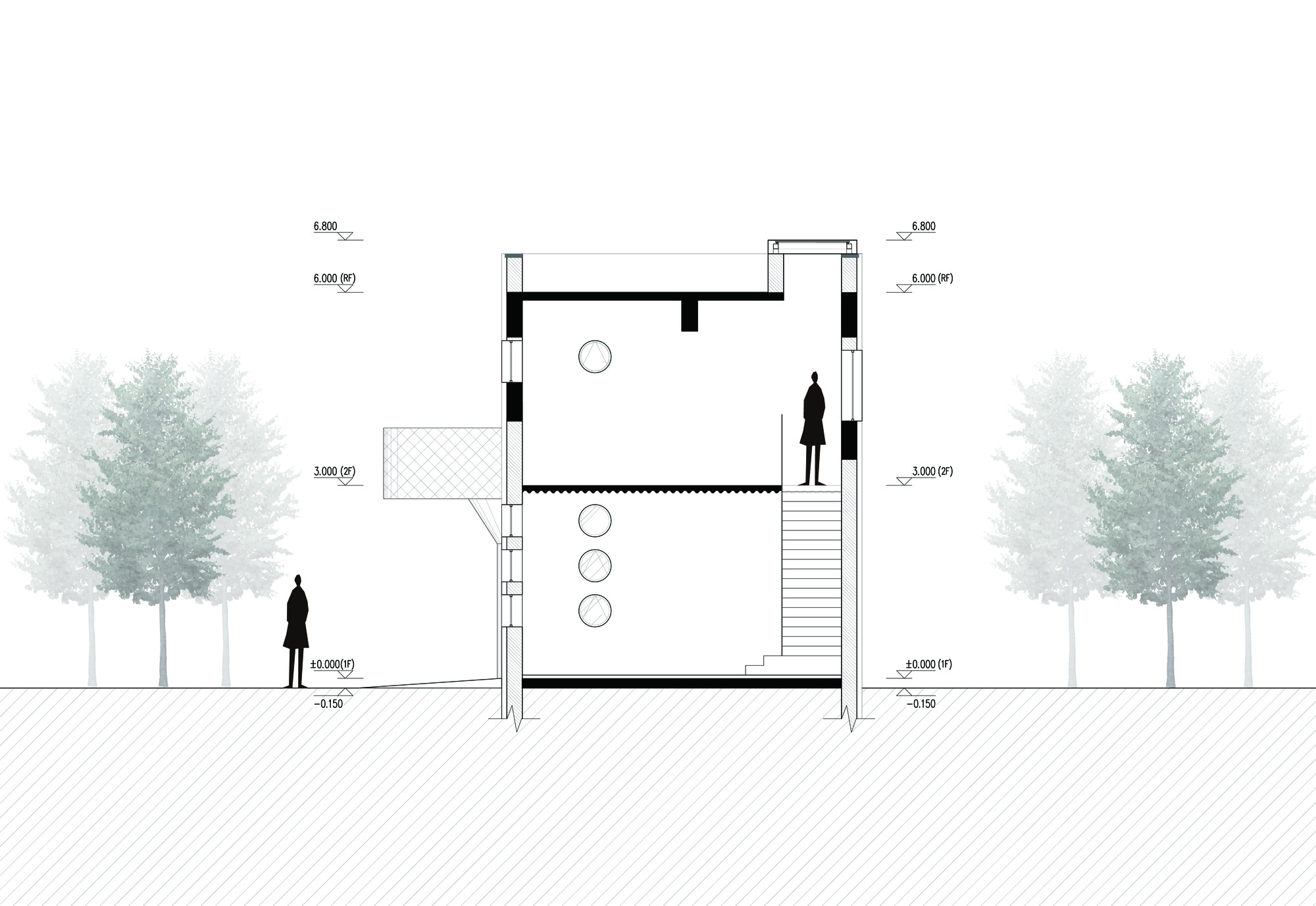Section drawing showing a two-story structure with stairs and circular elements flanked by trees