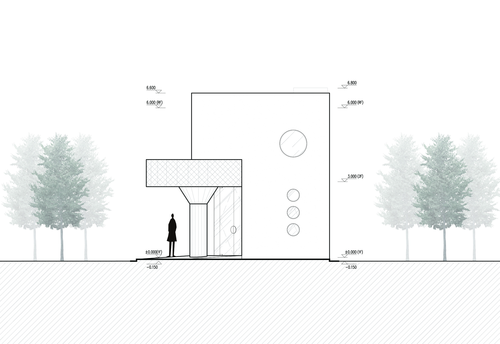Elevation drawing depicting a cubic volume with circular motifs and a cantilevered canopy between trees