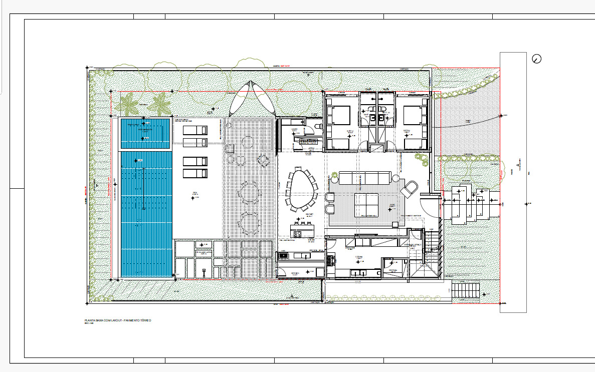 Floor plan drawing showing a lap pool, central courtyard and open living spaces with landscaped gardens