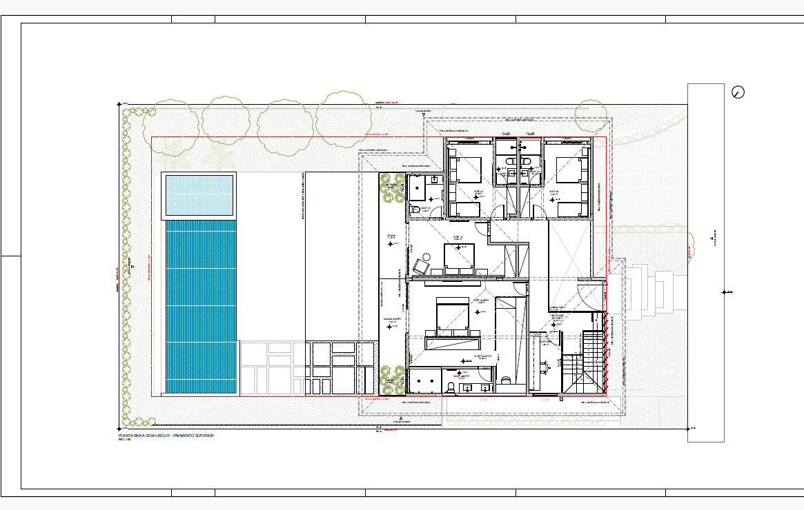 Floor plan drawing depicting a linear pool, central courtyard and split-level interior rooms with planted borders