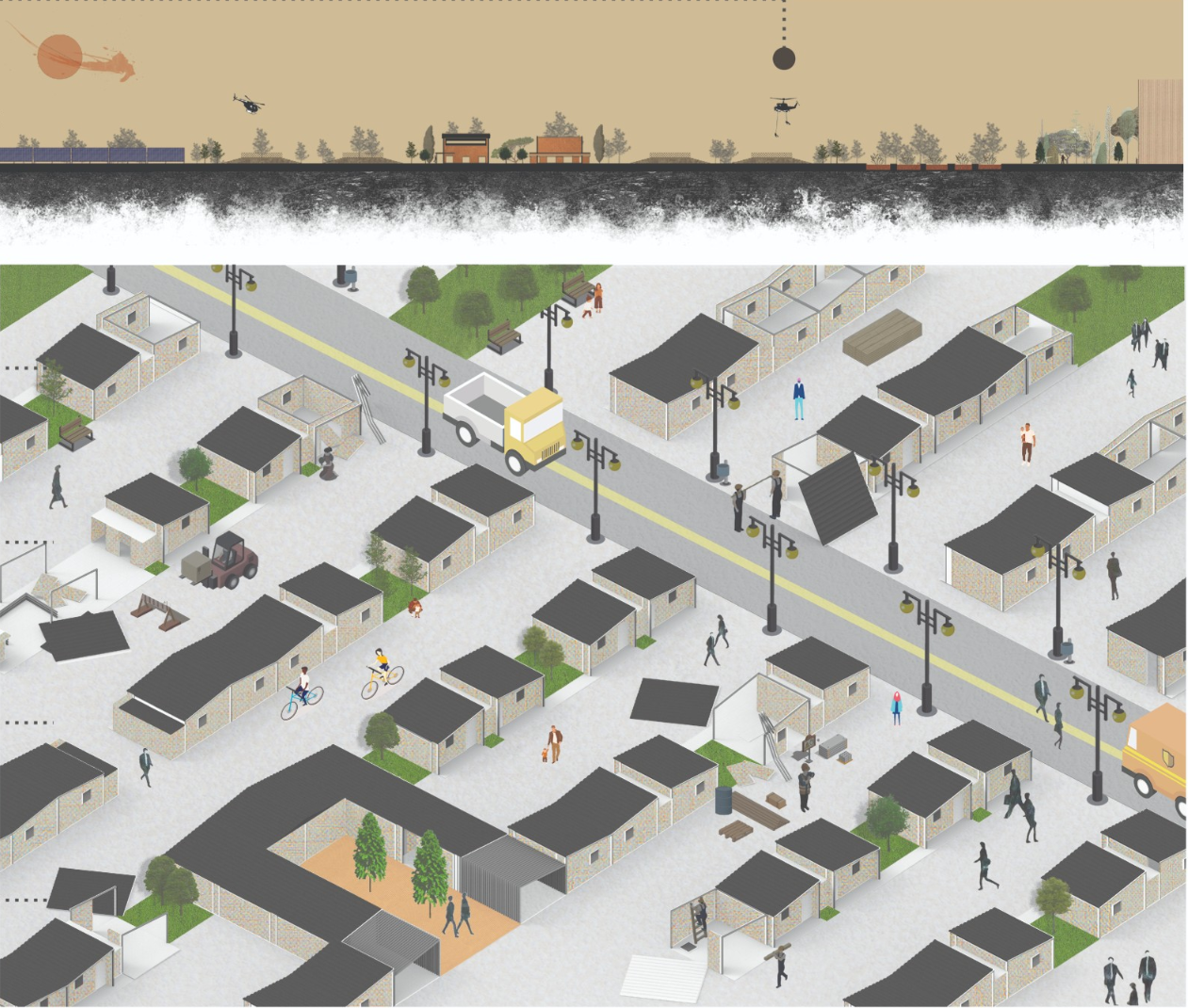 A temporary housing settlement illustrates how modular units, streets, services, and emergency logistics can support post-earthquake recovery.